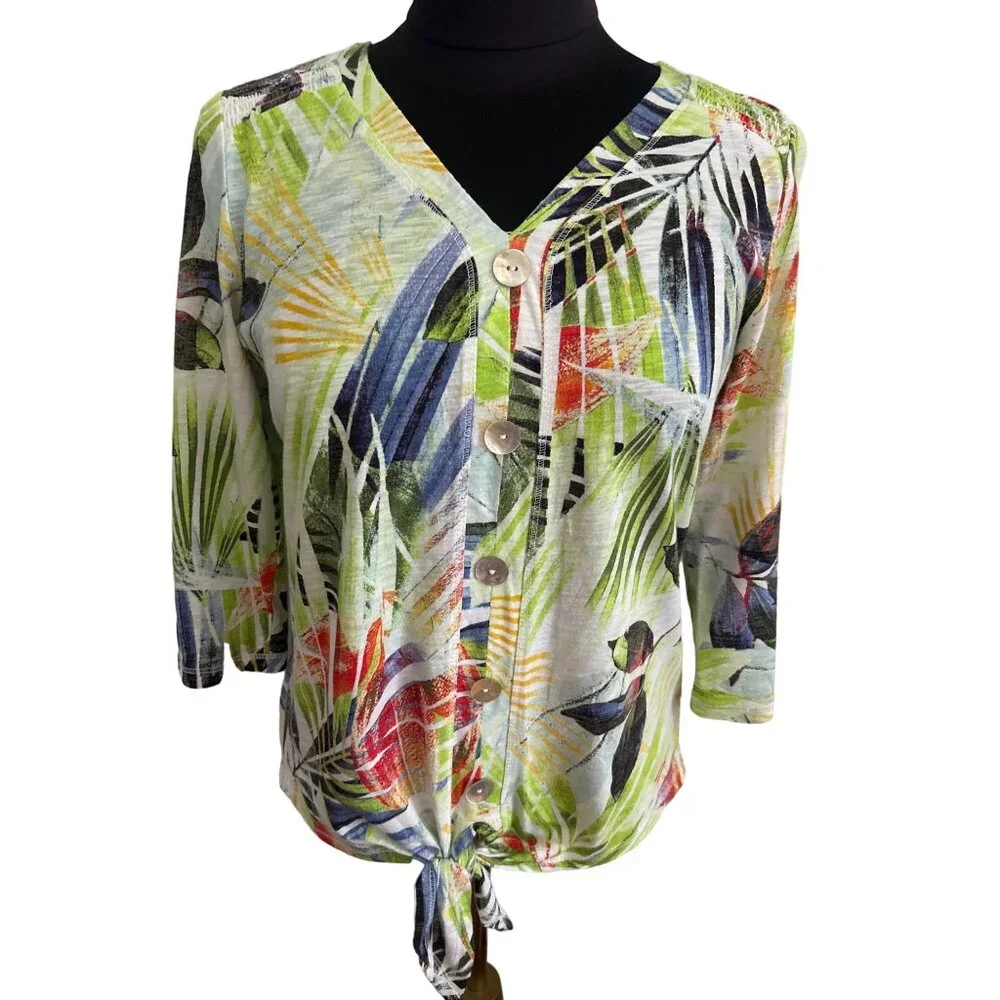 Coral Bay Women's PM Tropical Print Faux Button-Down Tie-Front Shirt